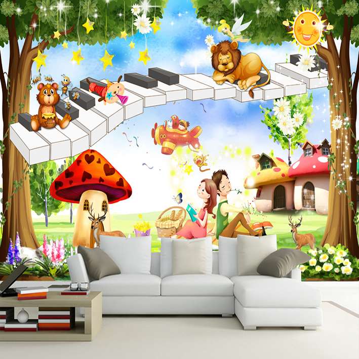 پوستر دیواری اتاق کودک مدل پیانو حیوانات جنگلی دختر و پسر نشسته DVRF2133