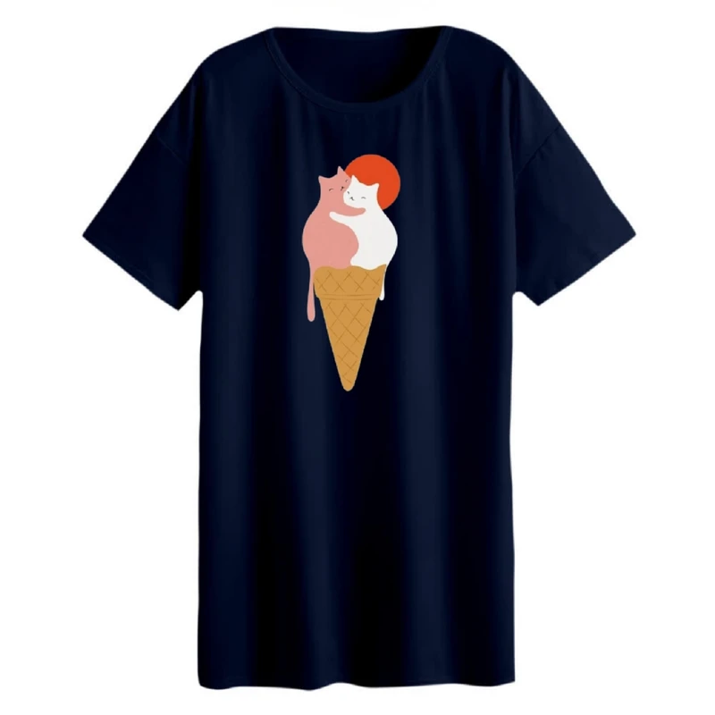 تی شرت لانگ زنانه مدل بستنی گربه ای  