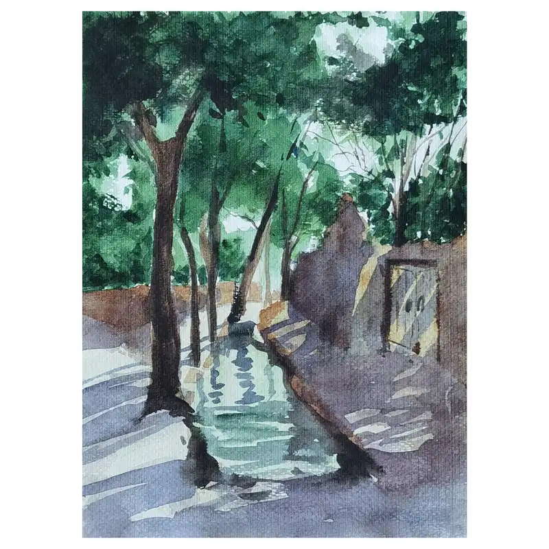 نقاشی آبرنگ مدل کوچه تابستانی کد 1007