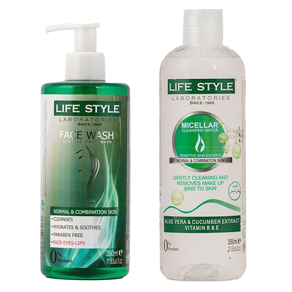 ژل شستشو صورت لایف استایل مدل گل سرخ حجم 350 میلی لیتر به همراه محلول پاک کننده آرایش صورت لایف استایل مدل آلوئه ورا حجم 350 میلی لیتر