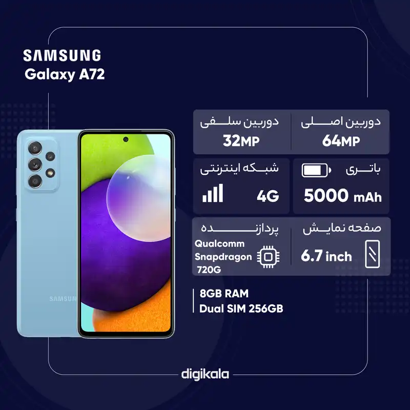 گوشی موبایل سامسونگ مدل Galaxy A72 دو سیم‌کارت ظرفیت 256 گیگابایت و رم 8 گیگابایت - ویتنام