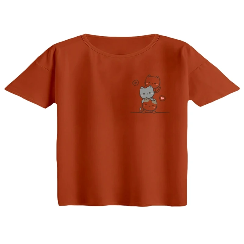 کراپ تی‌شرت آستین کوتاه زنانه مدل گربه کوچک