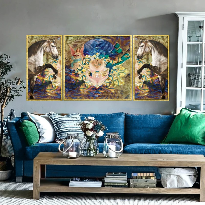 تابلو ساده بکلیت طرح مدرن دیجیتال آرت مدل شاین اکلیلی T-2892 فریم طلایی مجموعه 3 عددی