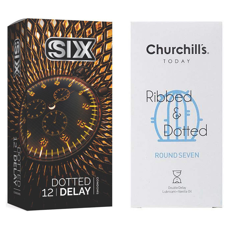 کاندوم چرچیلز مدل Round Seven بسته 12 عددی به همراه کاندوم سیکس مدل تاخیری بسته 12 عددی