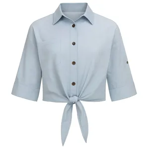 کراپ شومیز آستین سه ربع یقه برگردان زنانه مدل 4002