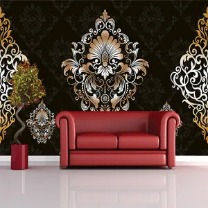 پوستر دیواری سه بعدی مدل زمینه مشکی داماسک طلایی DVRF2151
