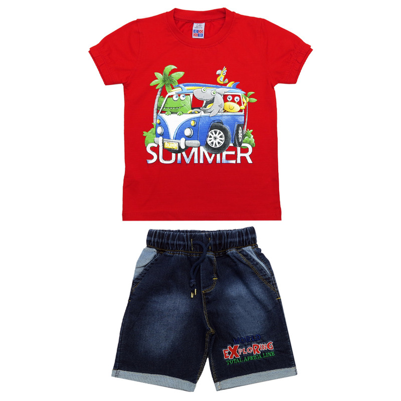 ست تی شرت و شلوارک پسرانه مدل فلوکس حیوانات رنگ قرمز