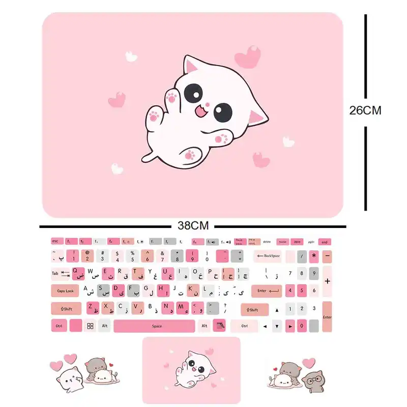 استیکر لپ تاپ مدل cute cat 02 مناسب برای لپ تاپ 15 تا 17 اینچ به همراه برچسب حروف فارسی کیبورد