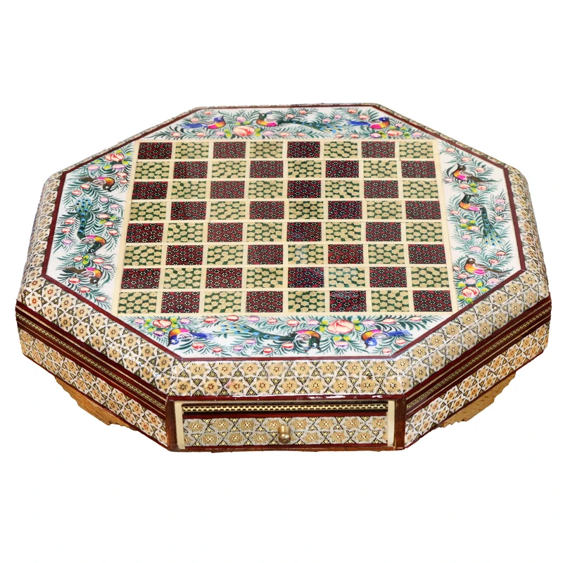 صفحه شطرنج خاتم کاری چوبی صنایع دستی فاخر مدل 8 ضلعی کشودار طرح گل و مرغ برجسته کد Gr35p35