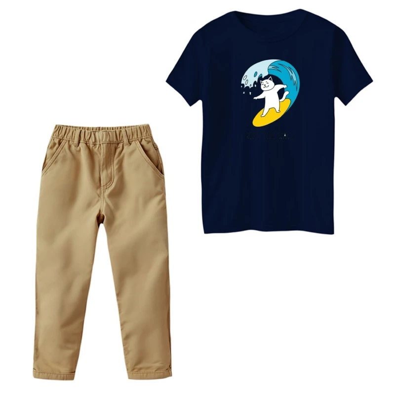 ست تی‌شرت و شلوار پسرانه مدل گربه موج سوار