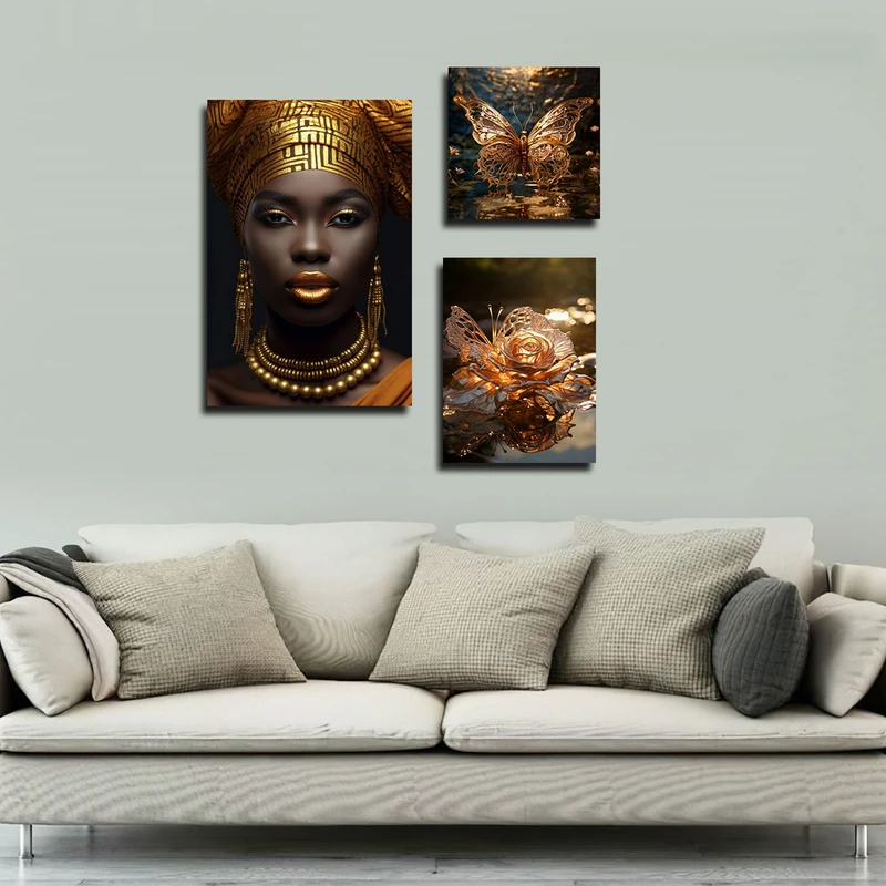 تابلو شاسی بکلیت طرح مدرن چهره آفریقایی و پروانه طلایی مدل SH-1759 مجموعه 3 عددی