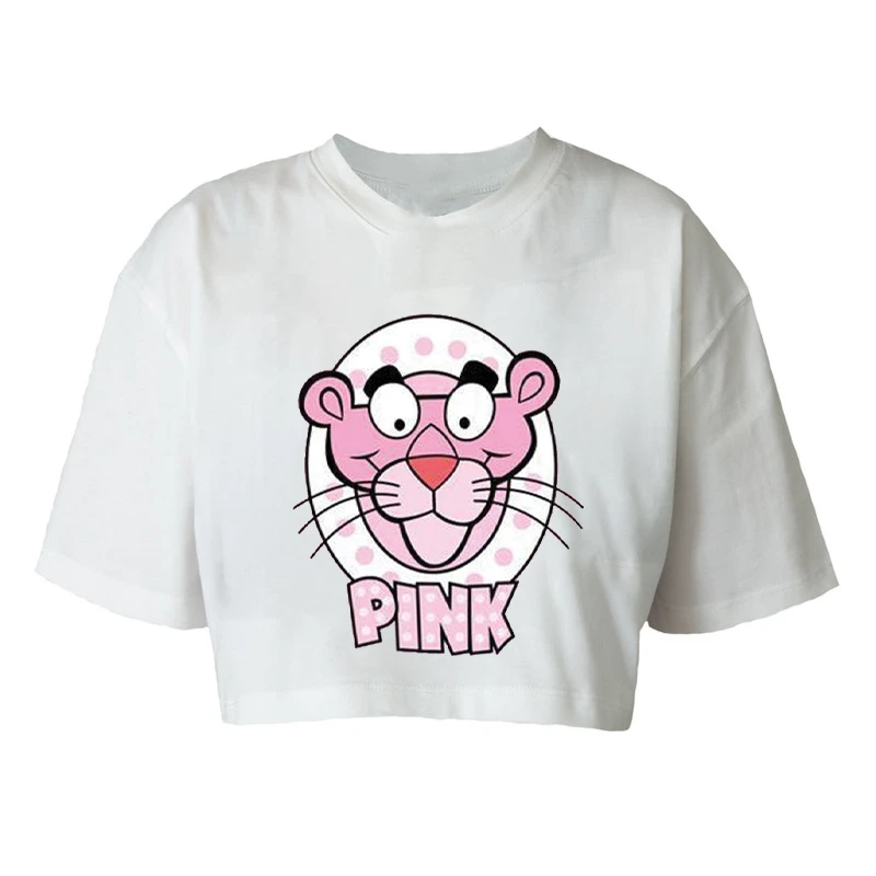 کراپ‌تاپ آستین کوتاه زنانه مدل c457 طرح پلنگ صورتی