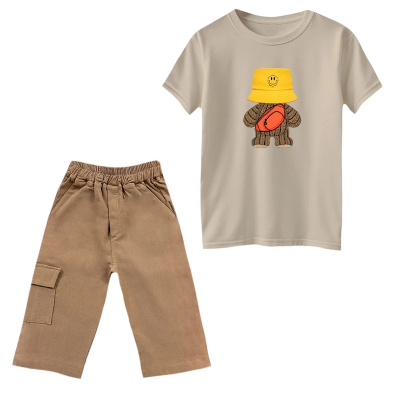 ست تی‌شرت و شلوارک پسرانه مدل خرس کلاه دار رنگ کرم