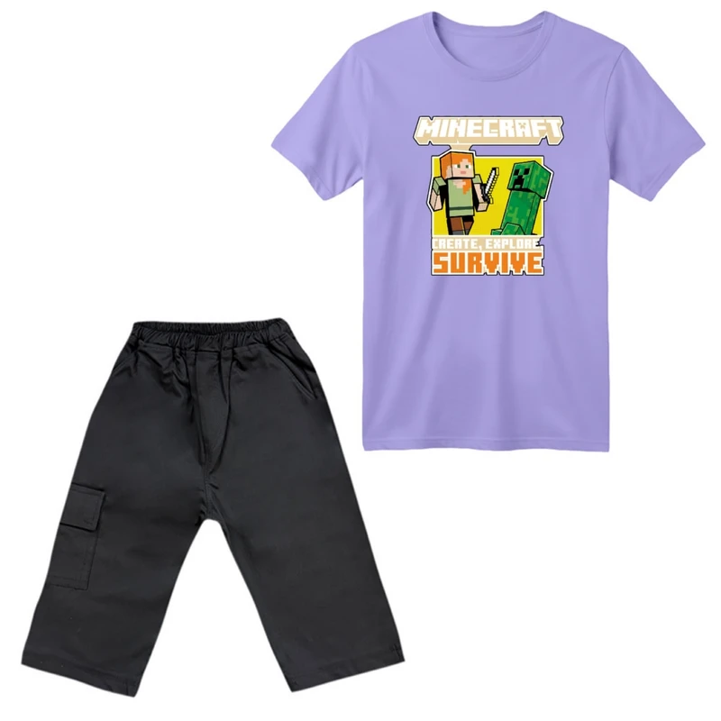 ست تی‌شرت آستین کوتاه و شلوارک پسرانه مدل ماینکرفت کد 04