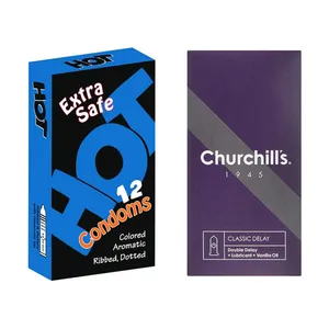 کاندوم چرچیلز مدل Classic Delay بسته 12 عددی به همراه کاندوم هات مدل Extra Safe بسته 12 عددی