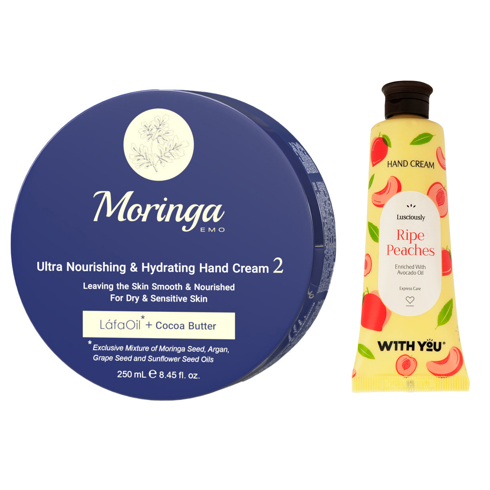 کرم آبرسان مورینگا امو مدل LáfaOil حجم 250 میلی لیتر به همراه کرم مرطوب کننده ویت یو مدل Ripe Peaches حجم 50 میلی لیتر