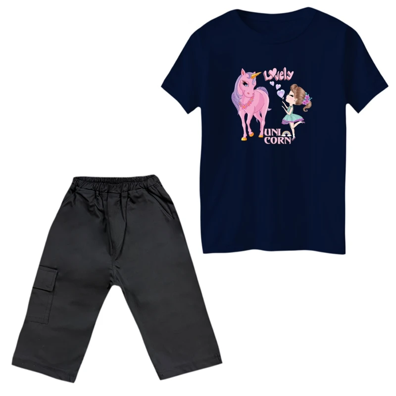 ست تی‌شرت و شلوارک دخترانه مدل یونیکورن
