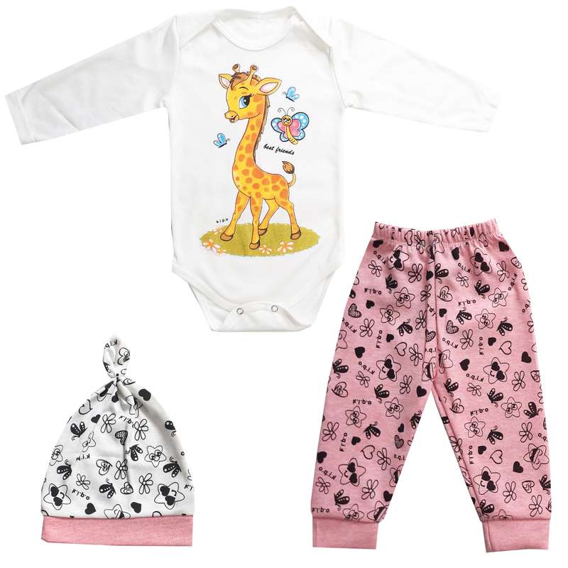 ست 3 تکه لباس نوزادی مدل زرافه رنگ صورتی