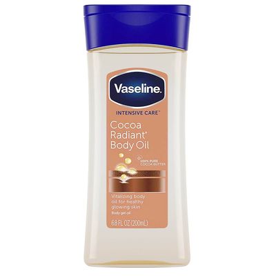 لوسیون بدن وازلین مدل Cocoa Body Oil حجم 200 میلیلیتر، حاوی ویتامین E و عصاره کره کاکائو، مناسب پوست خشک و حساس