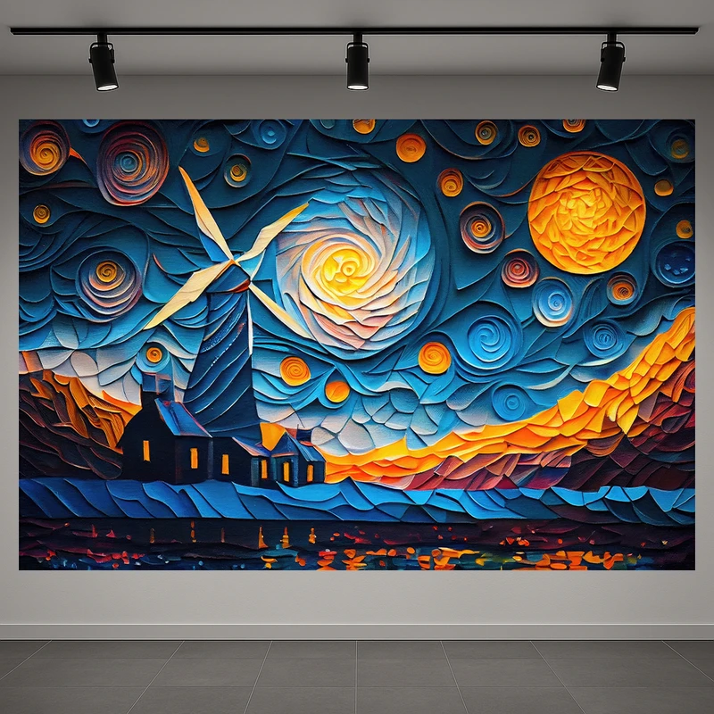 پوستر پارچه ای طرح مخمل آسیاب بادی مدل شب پرستاره کد AR3060489