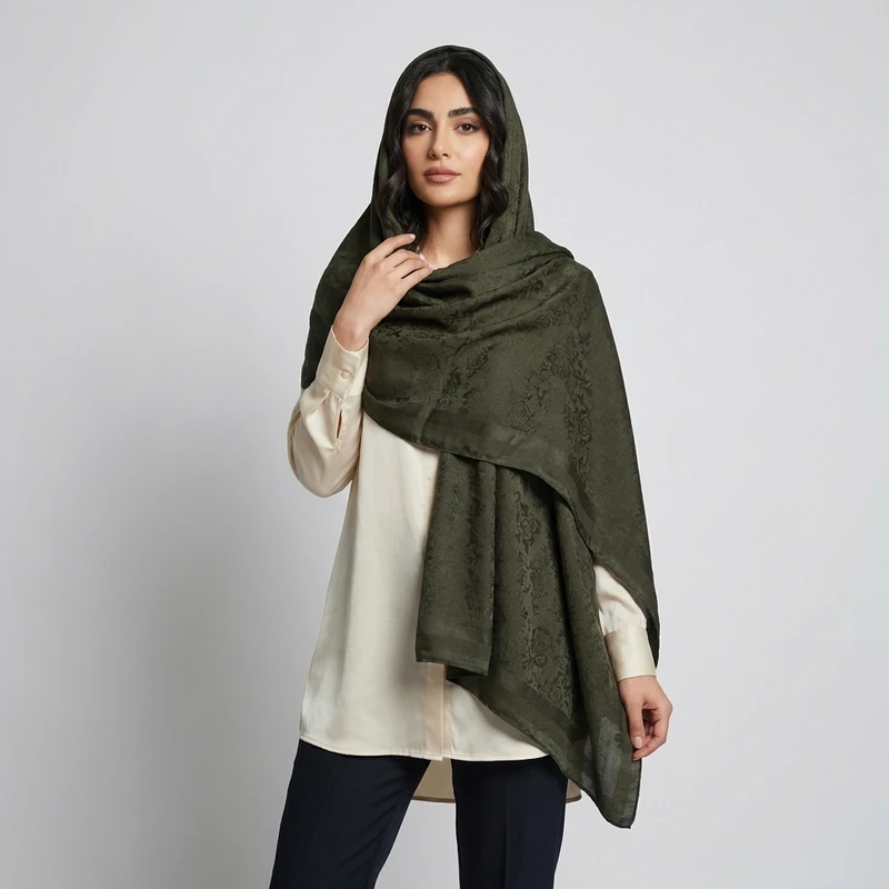 روسری الیاف نخی زنانه مدل ژاکارد گل گلی لمه با طول و عرض 100*103 سانتی‌متر