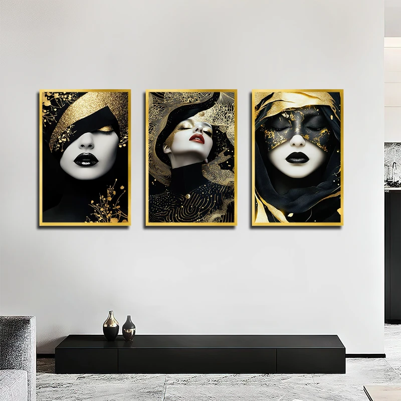 تابلو بکلیت طرح آرایش و مدلینگ و چهره مدل T-3607 فریم طلایی مجموعه 3 عددی