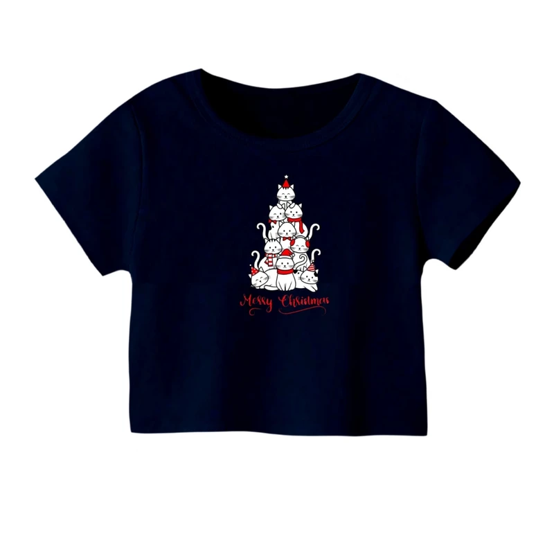 کراپ‌ تی‌شرت آستین کوتاه زنانه مدل گربه کریسمس کد 2