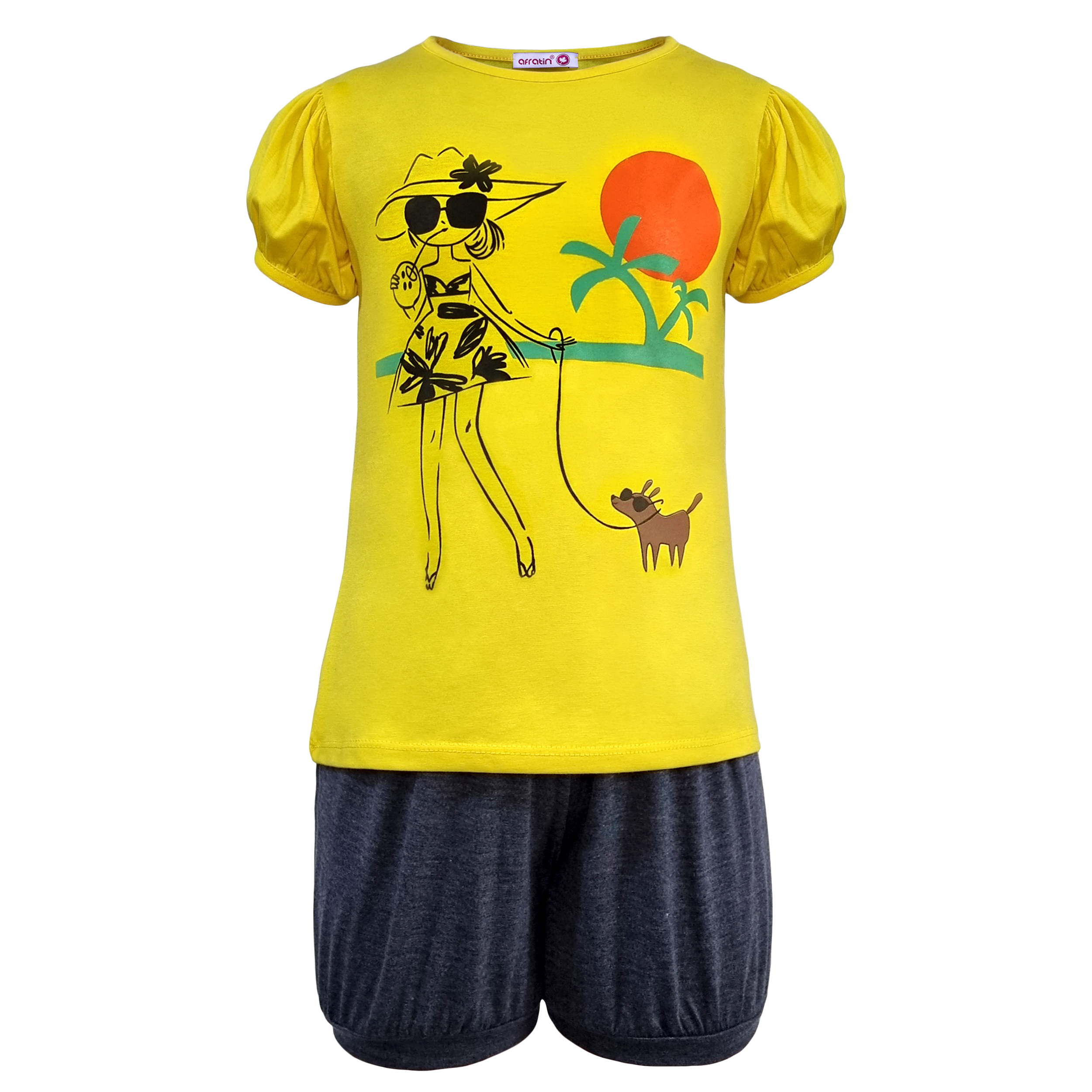 ست تی شرت و شلوارک دخترانه افراتین مدل دختر ساحلی رنگ زرد