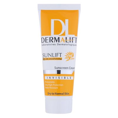 کرم ضد آفتاب بی‌رنگ صورت درمالیفت SPF 50 مدل SUNLIFT محافظ UVA ،UVB، ضد آب، مناسب پوست خشک حجم 40 میلی‌لیتر