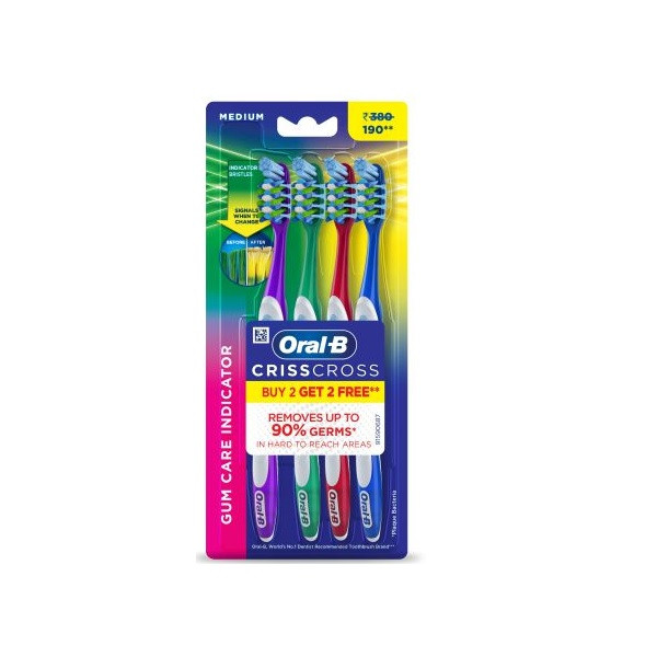 مسواک اورال-بی مدل  CRISSCROSS GUM CARE INDICATOR با برس متوسط بسته 4 عددی