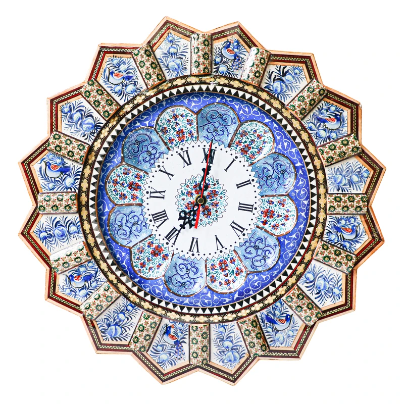ساعت دیواری خاتم کاری مدل خورشیدی طرح گل و مرغ برجسته کد bl41d23-n2