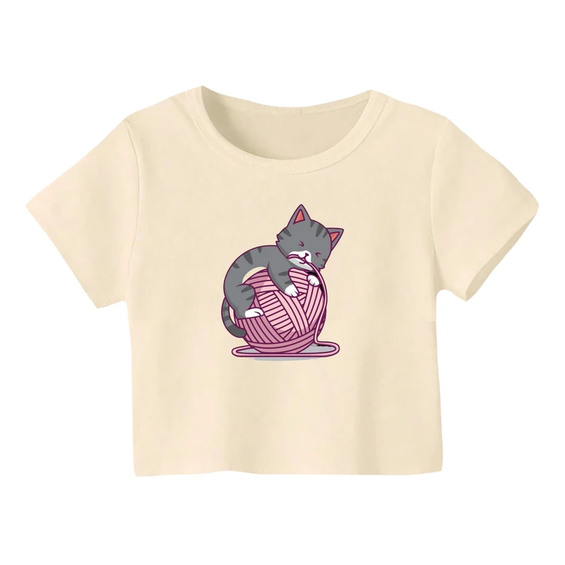 کراپ‌ تی‌شرت آستین کوتاه زنانه مدل گربه کد 2