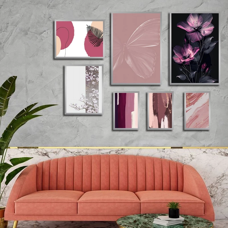 تابلو بکلیت طرح نقاشی سبک آبستره و پروانه مدل SI-3098 مجموعه 7 عددی