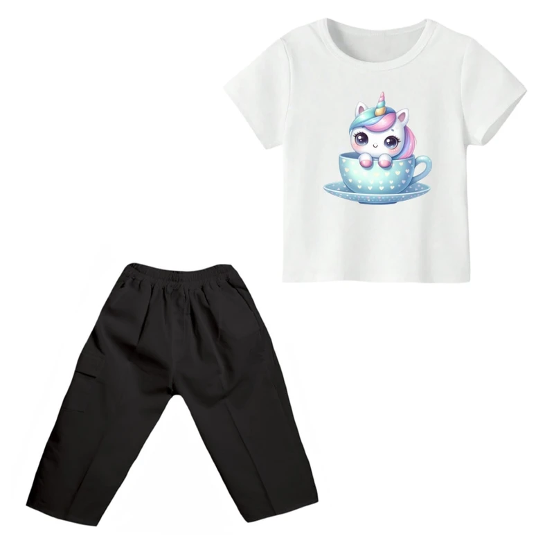 ست تی شرت و شلوارک دخترانه مدل یونیکورن کد ۳۲