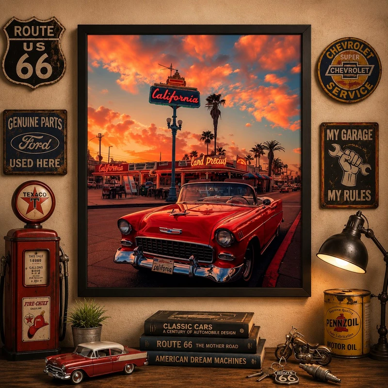 تابلو طرح American Cars مدل ماشین کد OC134 فریم مشکی 