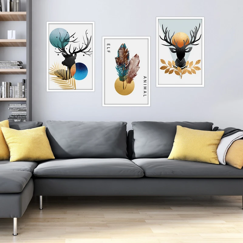 تابلو بکلیت طرح نقاشی مدرن گوزن و پر مدل W-1869 مجموعه 3 عددی