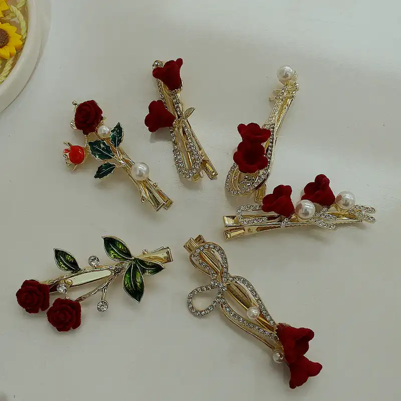 گیره مو زنانه مدل انبری طرح گل رز کد kh333 بسته 6 عددی