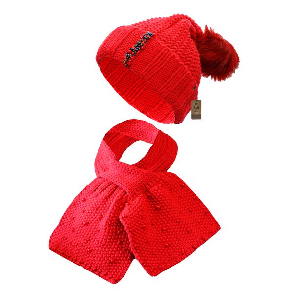 ست کلاه و شال گردن بافتنی دخترانه سام مدل 210 رنگ قرمز