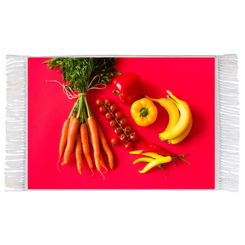 فرش ماشینی دیوارکوب اطلس آبی طرح میوه موز و هویج و فلفله دلمه و هویج و گوجه مدل T1781