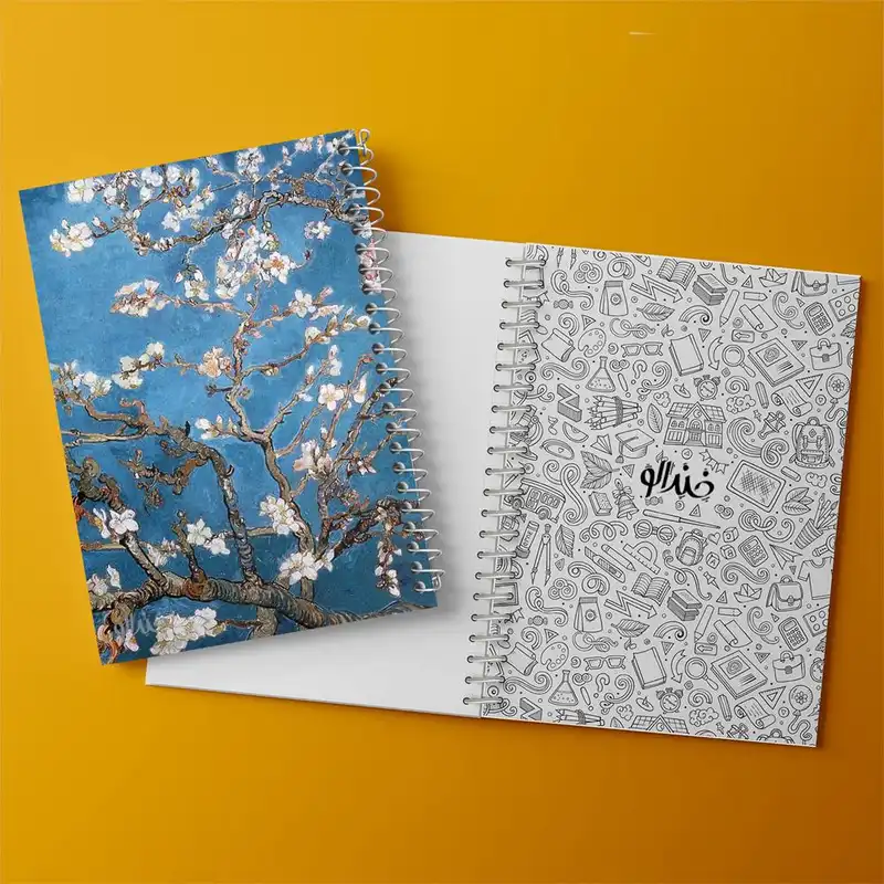 دفتر زبان 50 برگ خندالو مدل سه خط طرح زبان شکوفه های بادام اثر ونسان ونگوگ کد 25463