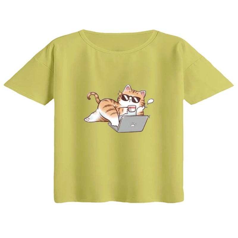 کراپ تی‌شرت آستین کوتاه زنانه مدل گربه و لپ تاپ