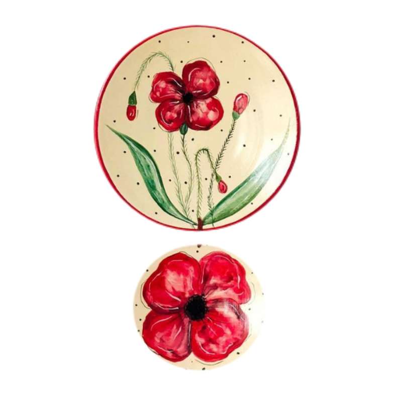 بشقاب دیوارکوب سفالی طرح گل مجموعه 2 عددی
