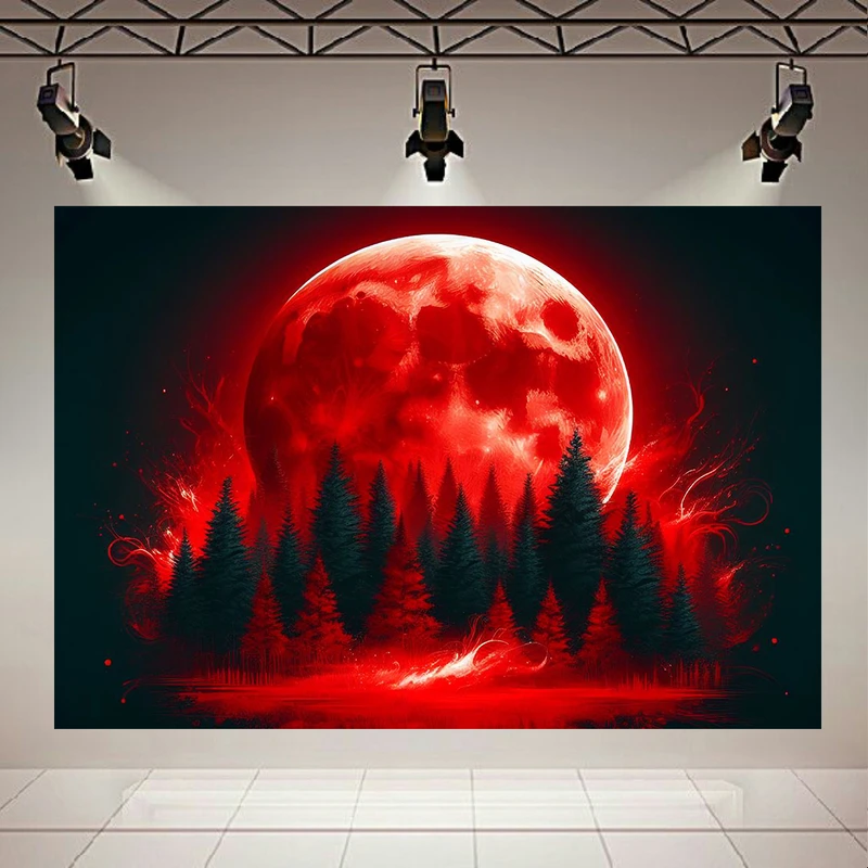 تابلو بوم طرح مخمل مهتاب سرخ مدل جنگل تاریک کد AR305556