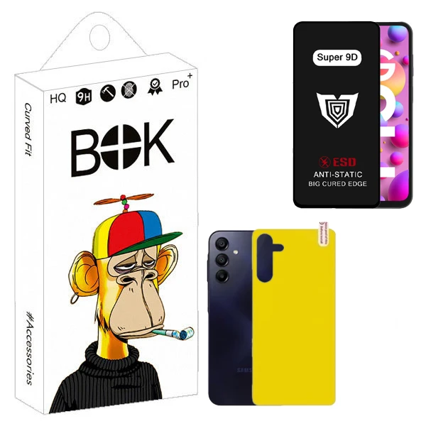 محافظ صفحه نمایش بوک مدل Super 9D مناسب برای گوشی موبایل سامسونگ Galaxy A15 به همراه محافظ پشت گوشی