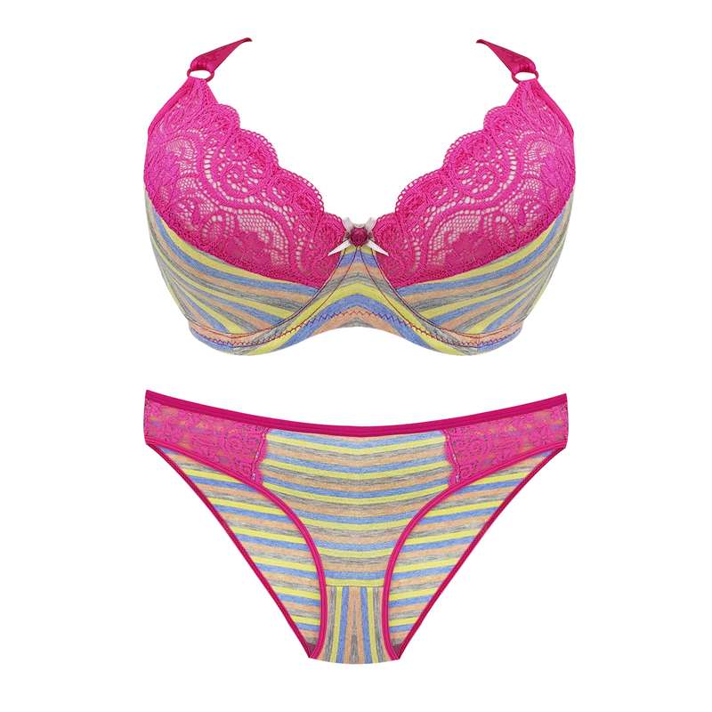 ست شورت و سوتین زنانه مدل دانتل راه راه رنگ صورتی