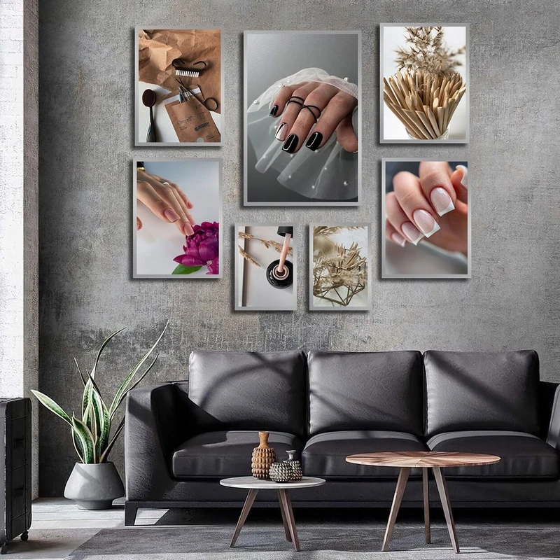 تابلو ساده بکلیت طرح کاشت ناخن و مانیکور مدل شاین اکلیلی SI-2731 فریم نقره ای مجموعه 7 عددی