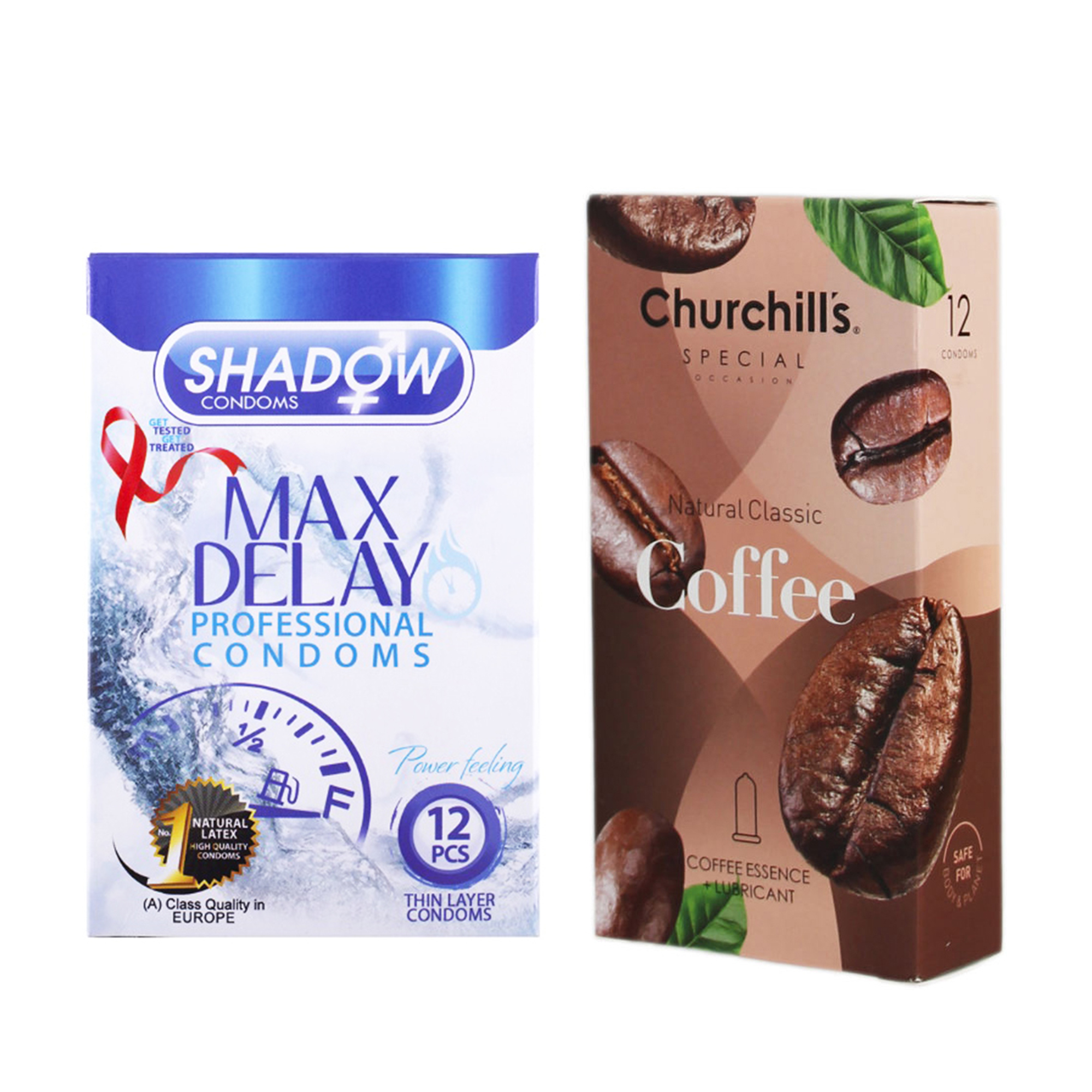 کاندوم چرچیلز مدل Coffee بسته 12 عددی به همراه کاندوم شادو مدل Max Delay بسته 12 عددی