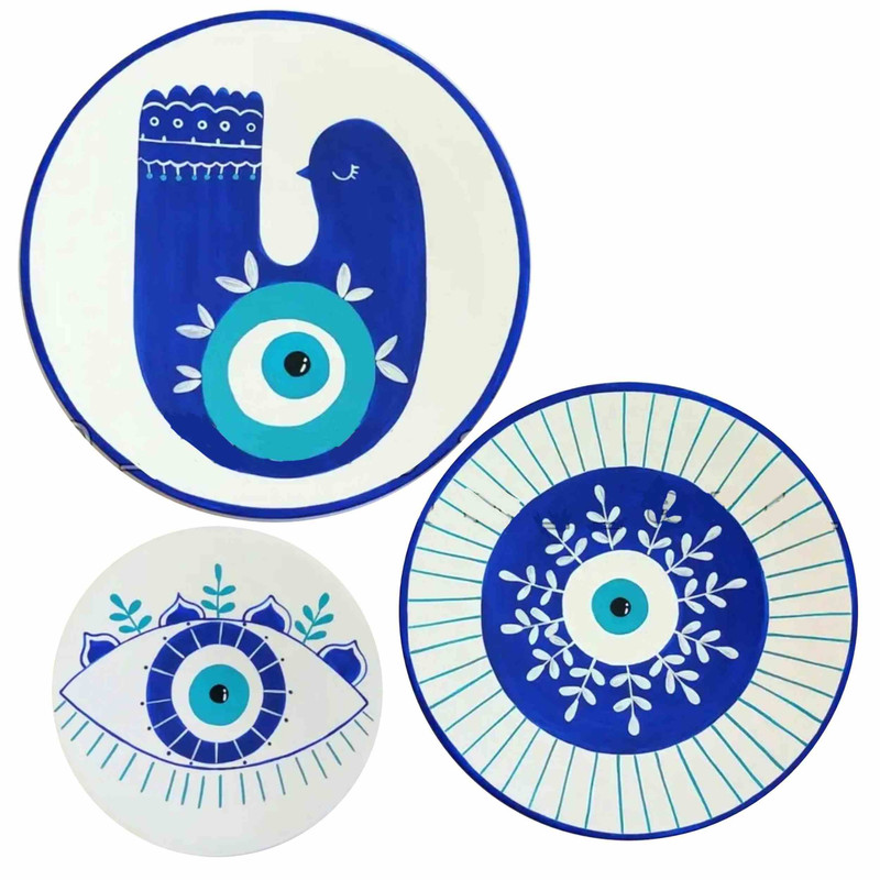 بشقاب دیوارکوب سفالی طرح چشم زخم مجموعه 3 عددی
