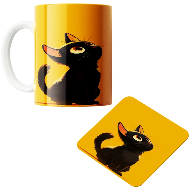 ماگ مدل گربه سیاه کد 108 به همراه زیرلیوانی