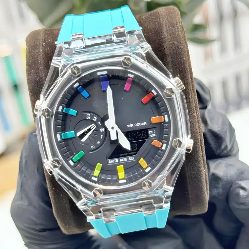 ساعت مچی عقربه ای مدل دو زمانه پمپی قاب شفاف b-m